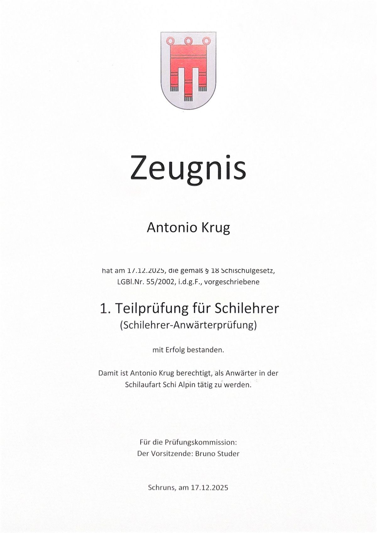 Zeugnis: 1. Teilpr&uuml;fung f&uuml;r Schilehrer, Anw&auml;rterpr&uuml;fung